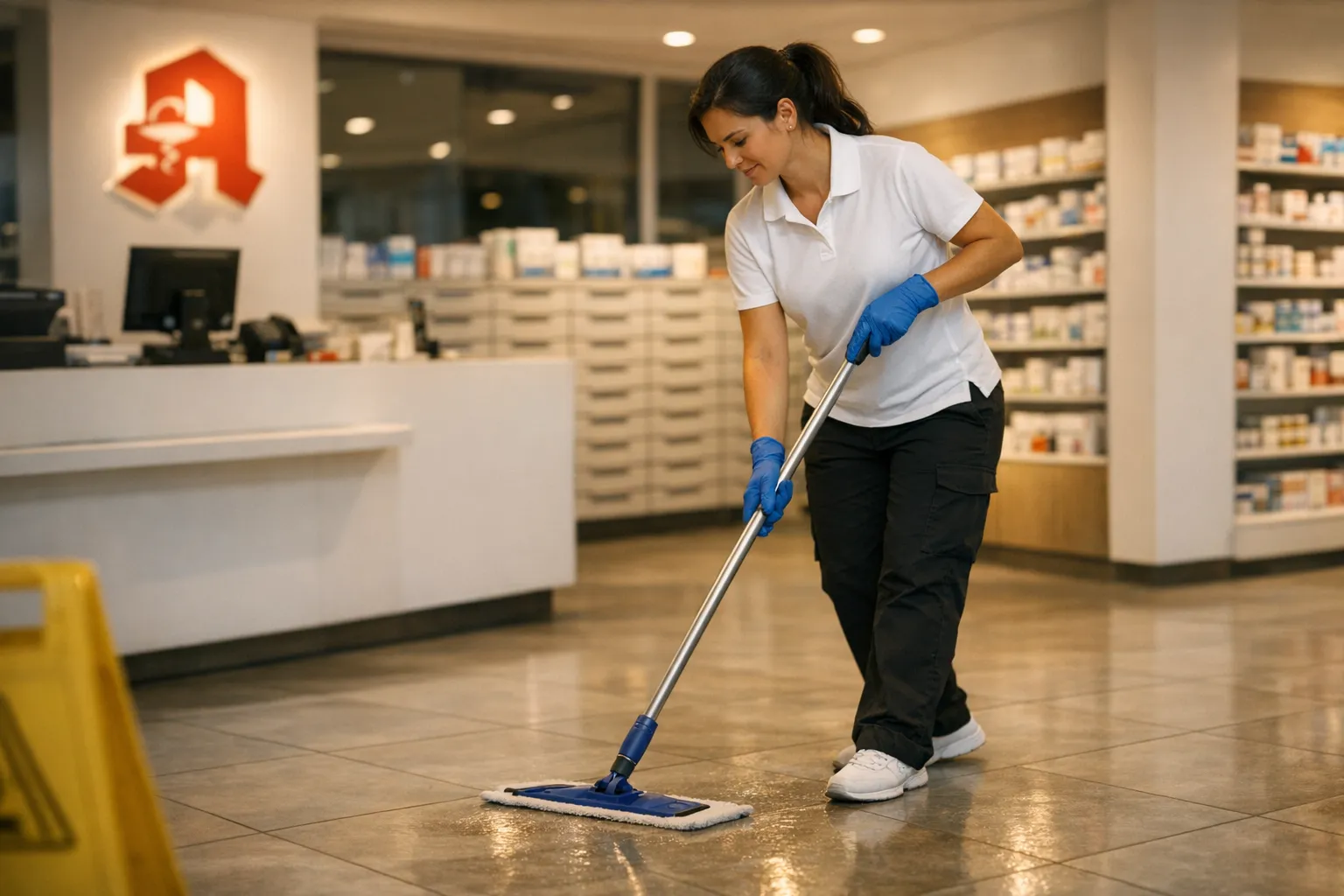 Balic Clean reinigt den Verkaufsraum einer Apotheke außerhalb der Öffnungszeiten