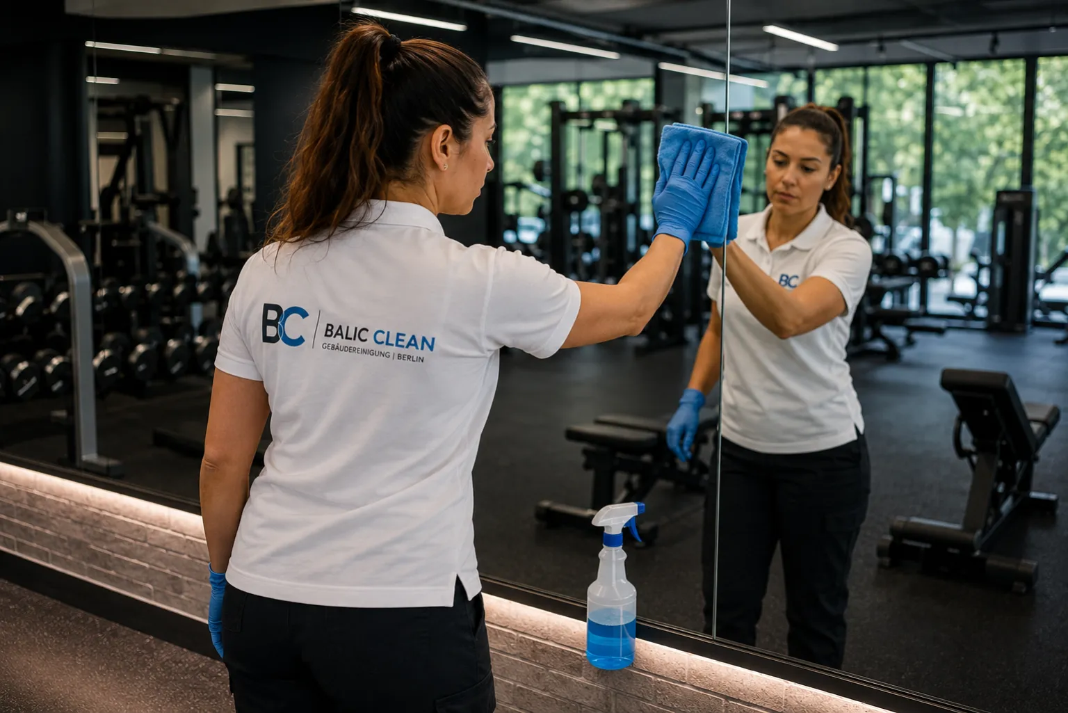 Balic Clean reinigt einen Spiegel im Trainingsbereich eines Fitnessstudios in Berlin