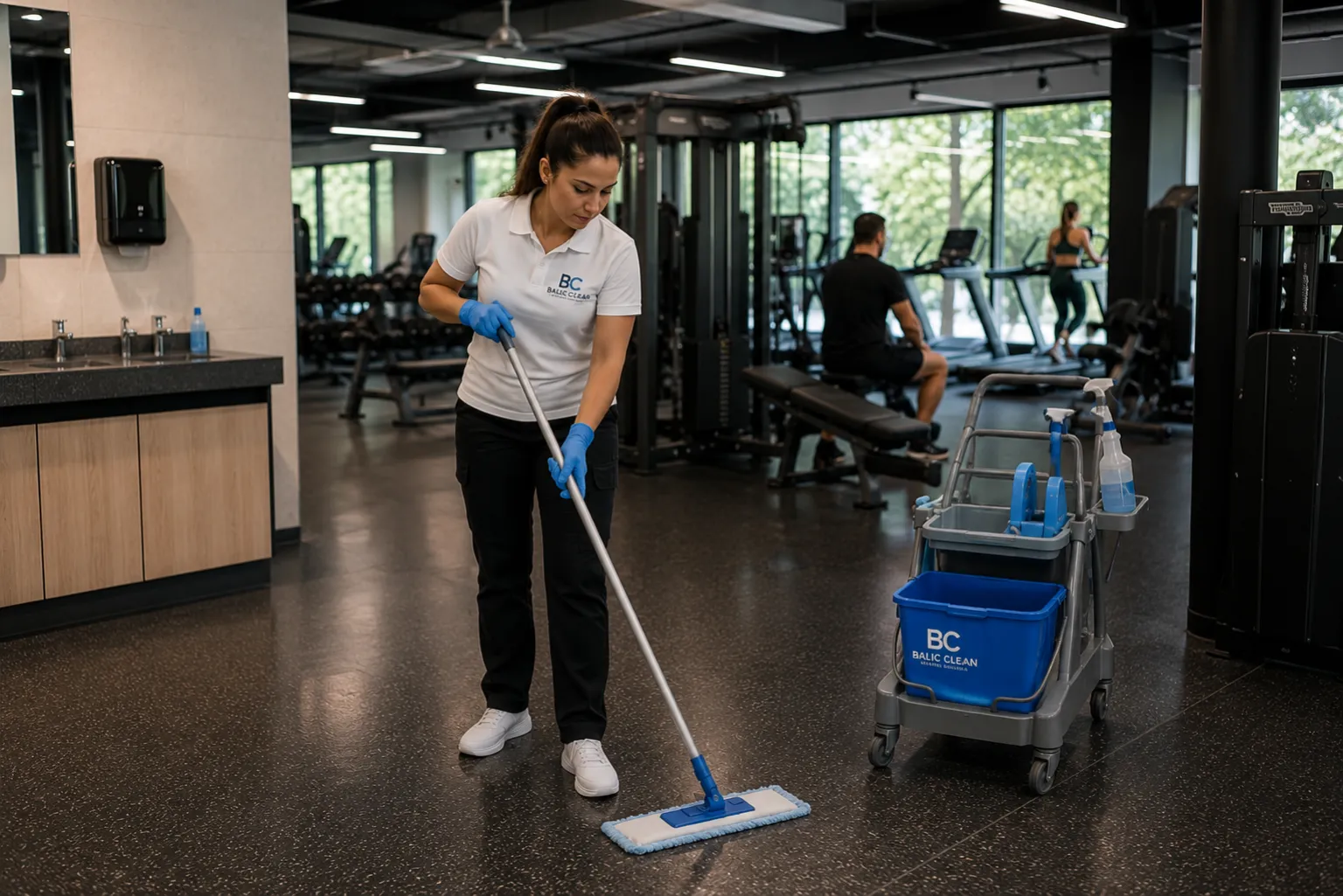 Balic Clean reinigt den Boden eines Fitnessstudios im laufenden Betrieb in Berlin