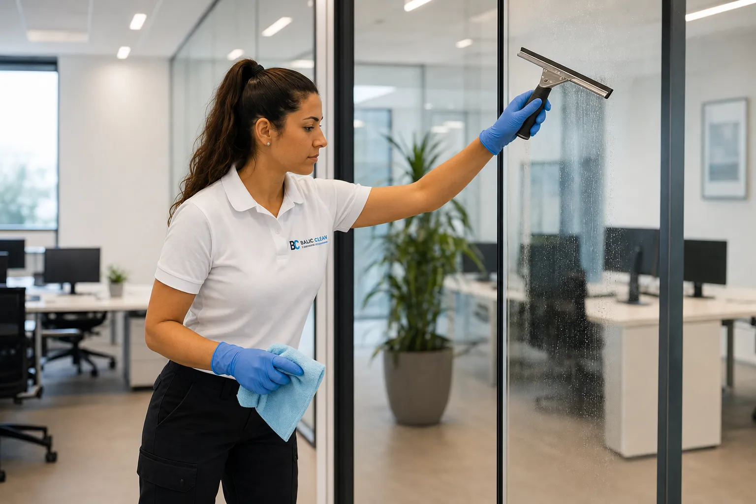 Balic Clean reinigt eine Glasfront im Büro in Berlin