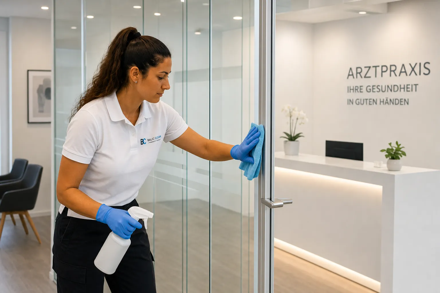 Balic Clean reinigt eine Glastür in einer Arztpraxis in Berlin